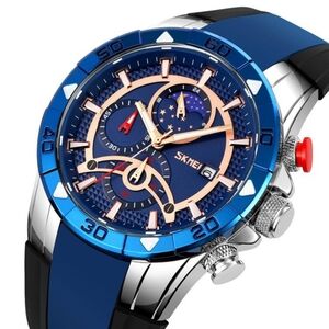 NWT SKMEI Mems Luxury Chronograph Watch Silver & Blue Moon Phase